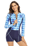 Poshoot-Surf Print Long Sleeve One Piece Swimsuit