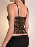 Poshoot nye outfits party outfits Sweetown Leopard Lace Trim Skinny Single Breasted Women’s Sleeves Camisole Sexy Fashion Trendy Chic Blouses