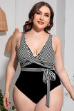 Poshoot-Striped Tie Waist One Piece Swimsuit