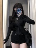 Poshoot  Summer New Slim Fit Zipper Long Sleeve Black Tops Women+ Drawstring Ruched High Waist Shorts Y2k E-Girl Two Piece Sets