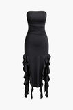 Poshoot Solid Color French Ruffle Hem Ruched Tube Maxi Dress