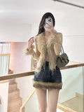 Poshoot Washed Fur Paneled Denim Skirt for Women Retro Sexy Hot Girl High Waist A-line Skirt Fashion Casual Package Hip Skirt Streetwear