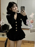 Poshoot Korean Fashion V-nck Long Sleeve Black Knitted Cardigan+ Y2k E-Girl High Waist Ruched Short Skirts  New Two Piece Sets