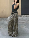 Poshoot American Vintage Washed Leopard Print Wide Leg Jeans Women Stylish High Street Baggy Jeans Hip Hop Hot Girls Y2k Trousers