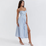 Poshoot outfit Fashion Summer Dresses Blue Midi Crochet Dress Elegant Sexy Spaghetti Strap Bustier Dress For Party Club