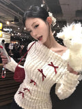 Poshoot Bow Off Shoulder White Knitted Sweater for Women  Early Autumn New Bottoming Tops Mujer Y2k Long Sleeved Pullovers T Shirts