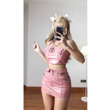 Poshoot Fashion Sweet Pink Strapless Vest for Women+ Y2k E-Girl High Waist Bodycon Leather Skirts  Summer New Two Piece Sets