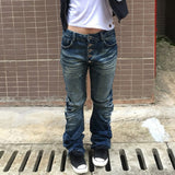 Poshoot Washed Distressed Micro-flared Jeans for Women Stylish High Street Straight Jeans Millennial Harajuku Style Hip Hop Y2k Trousers