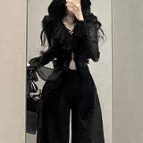 Poshoot Fashion V-neck Ruffles Black Long Sleeve Cardigan Mujer+ Y2k High Waist Loose Wide Leg Pants  Summer New Two Piece Sets