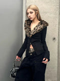 Poshoot Detachable Leopard Print Fur Collar Tops Mujer Autumn Winter New Slim Fit Sweaters  Black Long Sleeve Cardigan Women