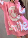 Poshoot Solid Color Y2k Smile Print Thicken Loose Sweater