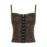 Poshoot nye outfits party outfits Sweetown Leopard Lace Trim Skinny Single Breasted Women’s Sleeves Camisole Sexy Fashion Trendy Chic Blouses