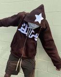 Poshoot-Letter Star Patched Zip Up Hoodie