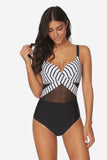 Poshoot-Mesh Striped One Piece Swimwear