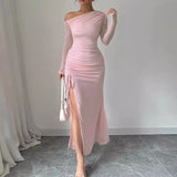 Poshoot outfit High End Mesh Long Sleeved Diagonal Shoulder Pleated Slit Long Skirt One Shoulder Pink Dress  Sweet Girl Style 2025