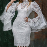 Poshoot detective vs suspect dress to impress Women's Lace Embroidered Flare Sleeve Dress Slim Fit Banquet Evening Dress