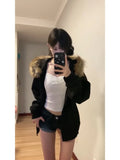 Poshoot American Vintage Black Fur Collar Hooded Zipper Sweatshirt Stylish High Street Zip Hooded Sweatshirt Harajuku Y2k Sweatshirt