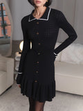 Poshoot outfit Winter Knitted Dress Long Sleeve Black Turn-down Collar Slim Dress Single Breasted Autumn Elegant Dress Streetwear