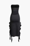 Poshoot Solid Color French Ruffle Hem Ruched Tube Maxi Dress