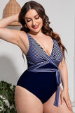 Poshoot-Striped Tie Waist One Piece Swimsuit