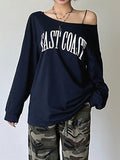 Poshoot Vintage Blue Street Fashion Slope Neck Print Sweatshirts