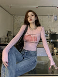 Poshoot Pink T Shirt Streetwear Women Clothes Cartoon printing Tees Femme Harajuku Long sleeves Aesthetic Tops Punk Sweet Girl T Shirts