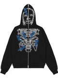 Poshoot Black Zip-Up Hoodie with Rhinestones and Face Logo