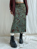 Poshoot Vintage Floral Green Midi Skirt