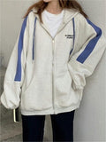 Poshoot Grey Oversized Hoodie with Zip and Blue Stripes