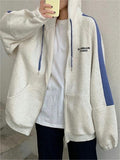 Poshoot Grey Oversized Hoodie with Zip and Blue Stripes