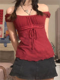 Poshoot Red Vintage Short Sleeve Top with Lace Trim