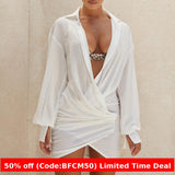 casual dinner outfit fall 2024 Long Sleeve White Shirt Sexy Deep V Women's Clothing New Ins Internet Celebrity Linen Dress