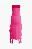 Poshoot Solid Color French Ruffle Hem Ruched Tube Maxi Dress