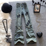 Poshoot Cross Patch High Waist Jeans Women American Retro High Street Straight Loose Wide-leg Pants Harajuku Hot Girl Y2k Trousers