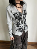 Poshoot Gothic Pullover Grunge Top 90s Women clothes Zip Up Coat Grey Slim Graffiti Tops Hip Hop Streetwear Y2k Emo Girl Punk Pullovers