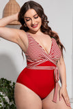 Poshoot-Striped Tie Waist One Piece Swimsuit