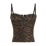 Poshoot nye outfits party outfits Sweetown Leopard Lace Trim Skinny Single Breasted Women’s Sleeves Camisole Sexy Fashion Trendy Chic Blouses