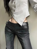 Poshoot American Street Low-waisted Flare Pants Black Gray Gradient Denim Trousers Y2k Vintage Washed Straight Wide Leg