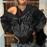 Poshoot 2000s Red Spider Web Print Oversized Sweatshirt Gothic Harajuku Zipper Jacket Clothes Punk Winter Woman Men Hoodie Couple Outfit