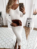 fall outfits 2024 Casual Solid Color Rib Low Cut V-neck Tight Long Sleeve Dress