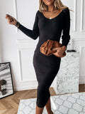 fall outfits 2024 Casual Solid Color Rib Low Cut V-neck Tight Long Sleeve Dress