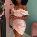 Poshoot outfit Satin Bodycon Dress Women Party Dress Mini New Arrivals Pink Off The Shoulder Bodycon Dress Celebrity Evening Club Dress