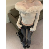 Poshoot Sexy Popular Off Shoulder Plush Tops Women  Autumn Slim Fit Sweaters Mujer Y2k E-Girl Long Sleeve Bottoming Pullovers