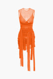 Poshoot Solid Color Sheer Mesh Wrap Tie Ribbon Mini Dress