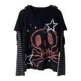 Poshoot Autumn Winter Y2K Subculture Tshirt Long Sleeve Faux Two Piece Harajuku Loose Punk Tees Casual Rock Emo Grunge Aesthetic Tops