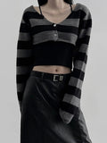 Poshoot-Gothic Stripe Buttons Up Knit Crop Top