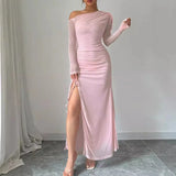 Poshoot outfit High End Mesh Long Sleeved Diagonal Shoulder Pleated Slit Long Skirt One Shoulder Pink Dress  Sweet Girl Style 2025