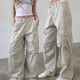 Poshoot Multiple Pockets Straight Trousers Women  Summer Loose Thin Cargo Pants Y2k Grunge High Waist Casual Wide Leg