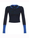 Poshoot Blue Color Block Stitching Long Sleeve Tee