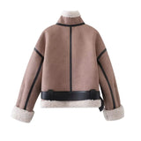 Poshoot outfit Women Warm Faux Shearling Jacket Coat Lapel Bomber Jacket with Belt Metal Zip Thick Jacket Winter Female Outerwear